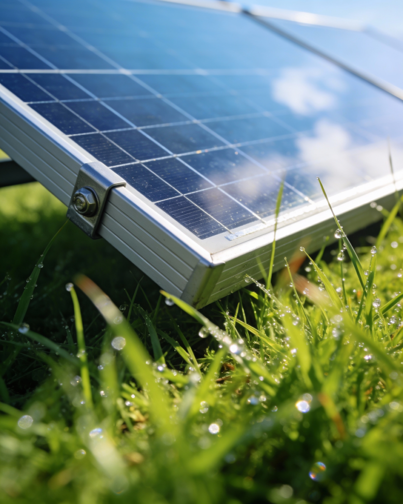 Solar panel with green grass under it.
